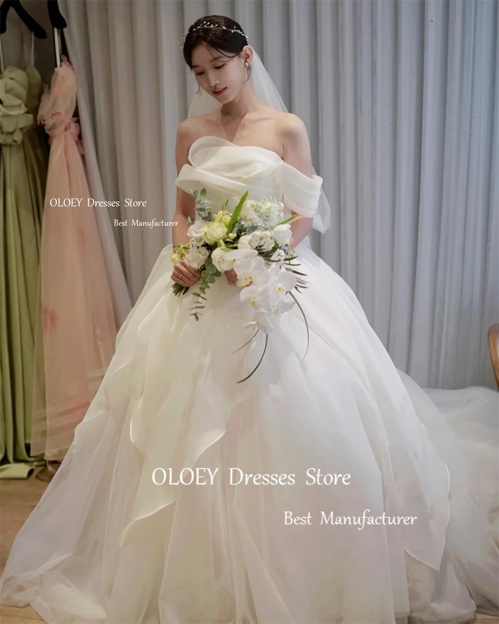 OLOEY Exquisite Korea abiti da sposa servizio fotografico maniche ad aletta Ruffles Silky Tulle abiti da sposa corsetto indietro lunghezza del pavimento personalizzato