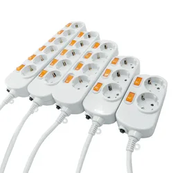 Power Strip Surge Protection 3/4/5/6 Outlets EU Socket Plug Electrical Extension Sockets Independent Switches 1.5/2.5m Cord