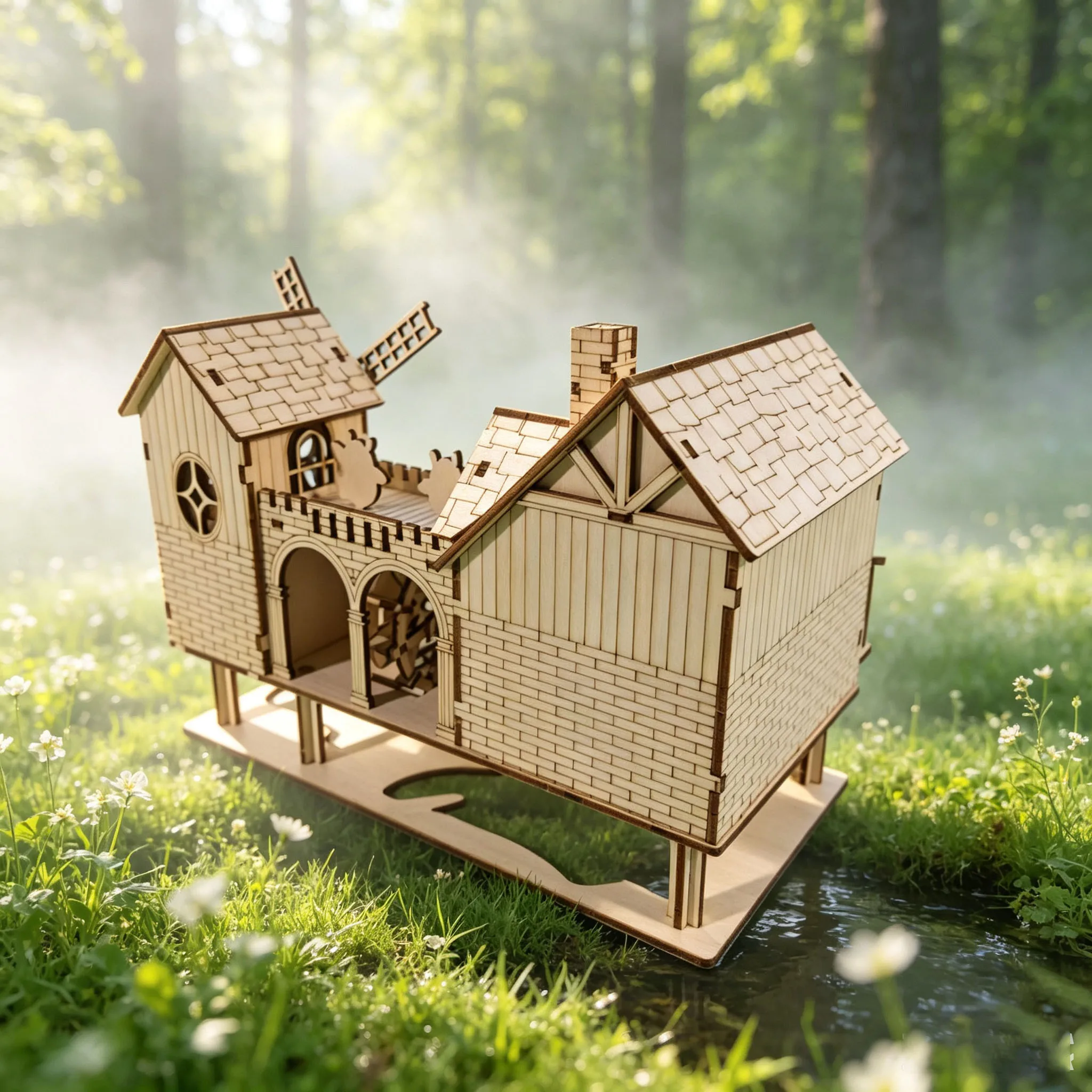 DIY Wooden Windmill Water Village Model Kit, 3D Puzzle Assembly Fun Set, Wooden Building Blocks, Christmas and Halloween Gifts