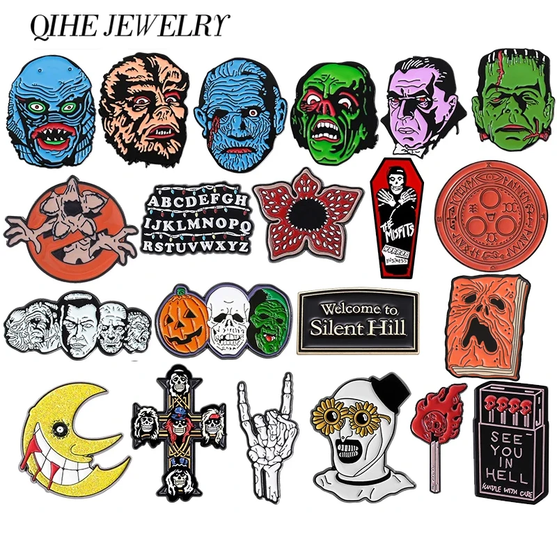 Sci-fi Horror Movies Collection Enamel Pin Red Cannibal Flowers Monster Head Skull Cross Brooch Lapel Badge Punk Jewelry Gifts