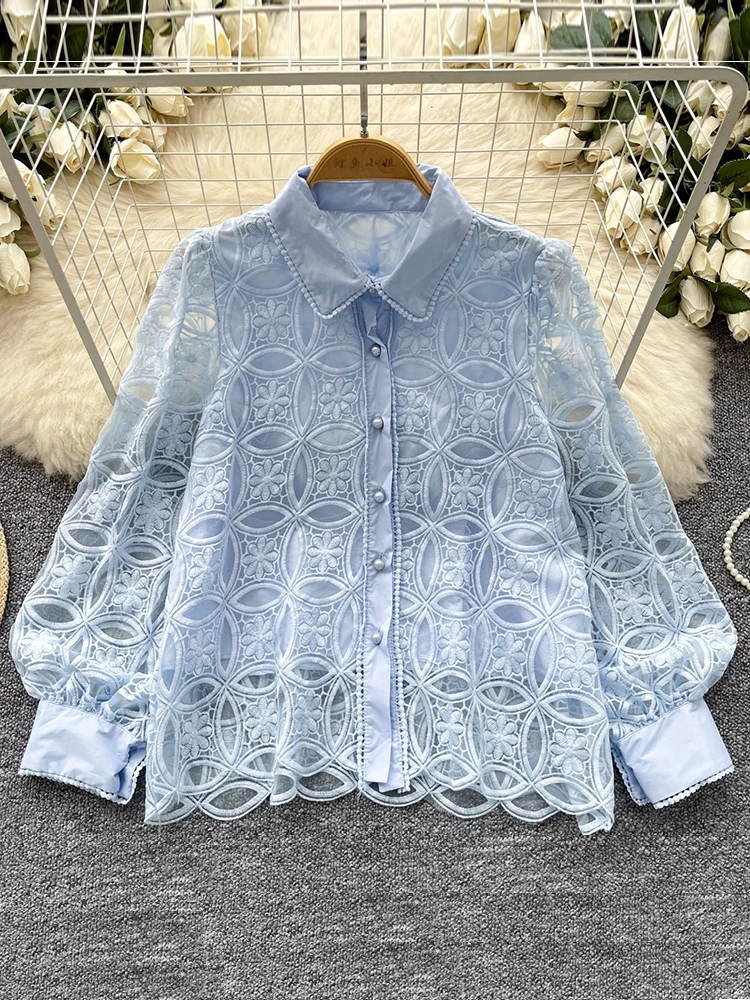 

French Retro Long Sleeved Shirt for Women in Spring Autumn White Mesh Lace Hook Flower Loose Temperament Trendy Blouse Top C53