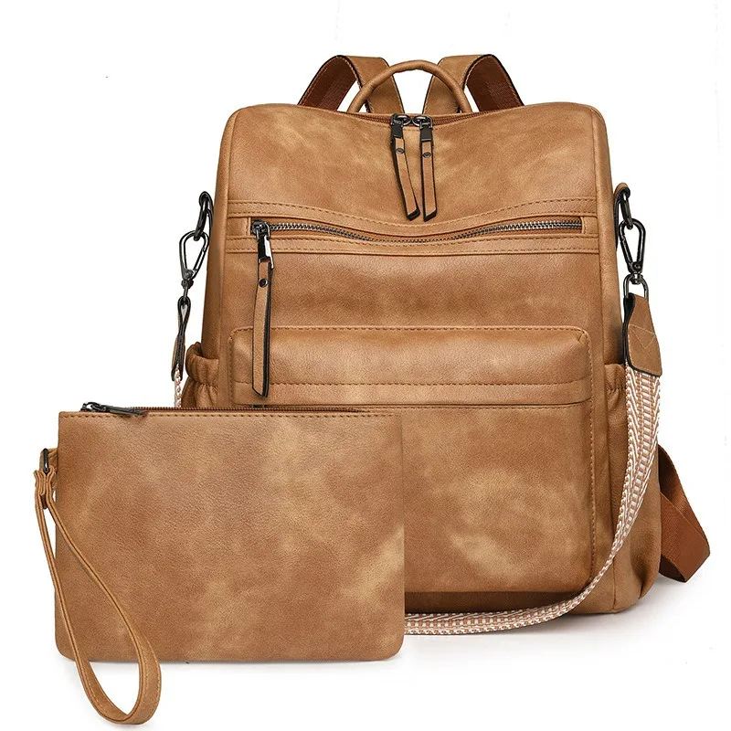 Winter Vintage Women Bag Set Fashion Shoulder Bag Clutch Bag 2pcs Suit Luxury PU Daypack Large Capacity Casual Travel Backpack