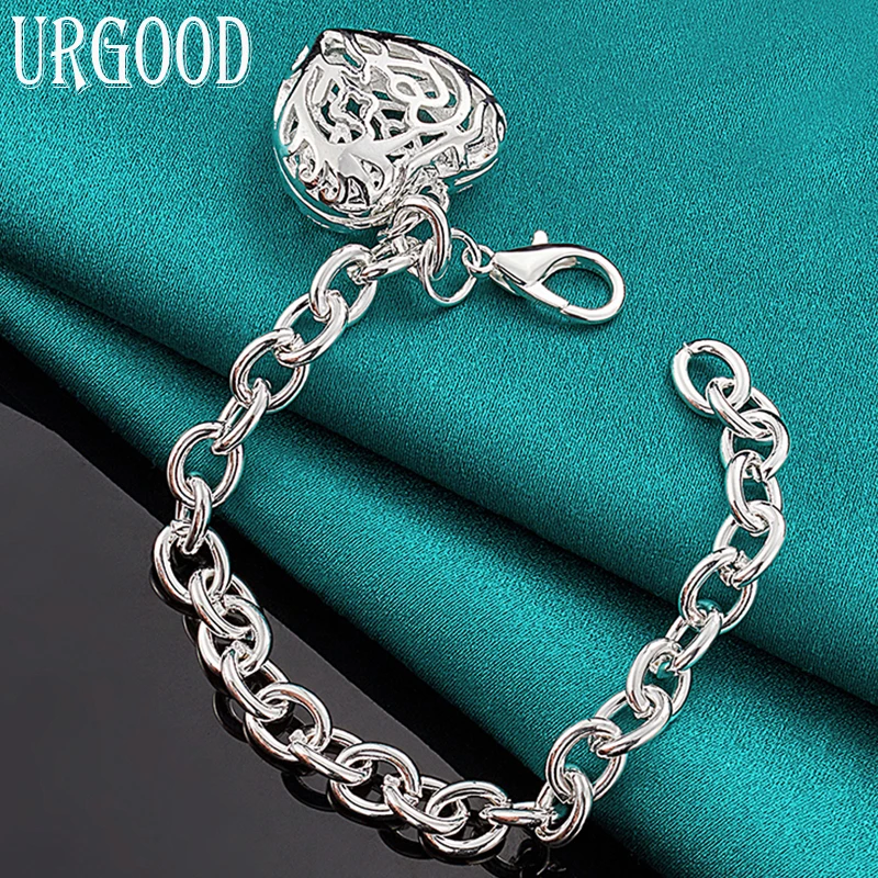 

925 Sterling Silver Patterned Carved Hollow Heart Pendant Chain Bracelet For Women Men Party Engagement Wedding Fashion Jewelry