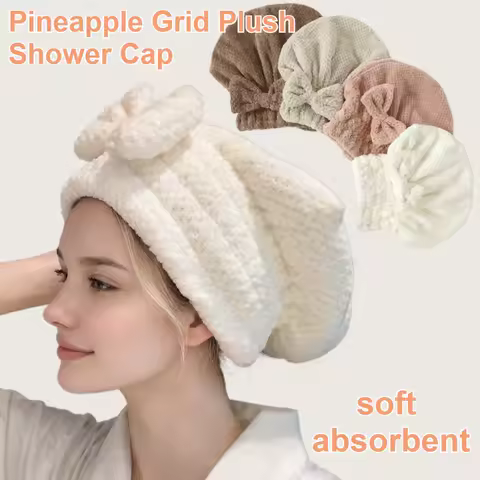 1pc Cute Bow Hair Drying Towel for Women, Thickened Pineapple Grid Coral Fleece Wrap, Super Absorbent Quick Dry Magic Shower Cap