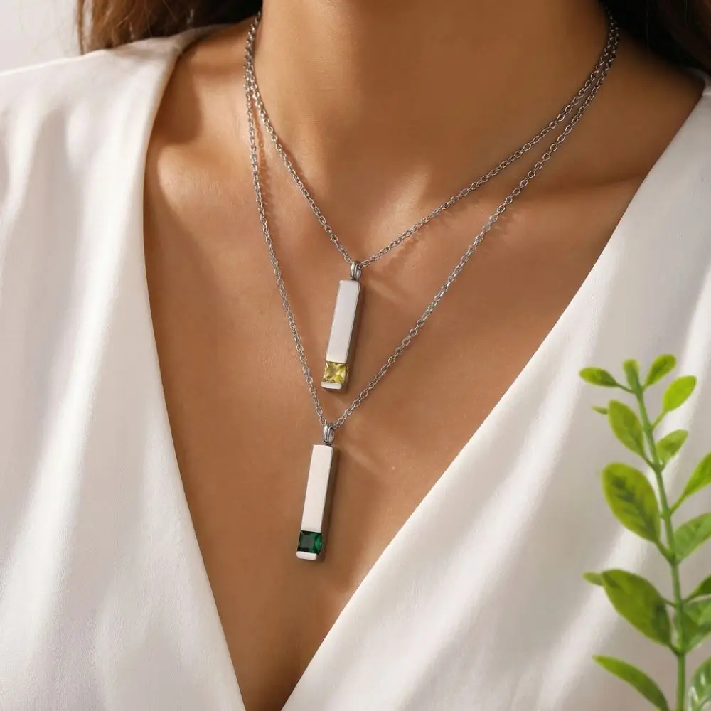 Stainless Steel Zircon Cremation Necklace Long Strip Decorative Keepsake Urn Necklace Fill-able Ashes Necklace Pendant Women