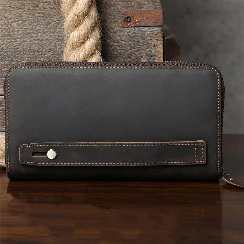 Vintage natural genuine leather men\'s clutch bag simple high quality crazy horse cowhide phone multi-card slot card holder purse