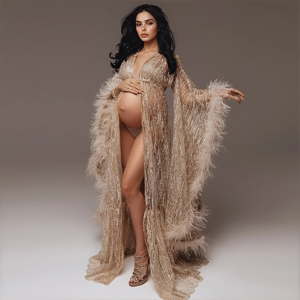 Sparkly Maternity Robe for Photoshoot with Feathers Glitter Sequin Pregnancy Dress Gown for Baby Shower Fancy Photoshoot Props