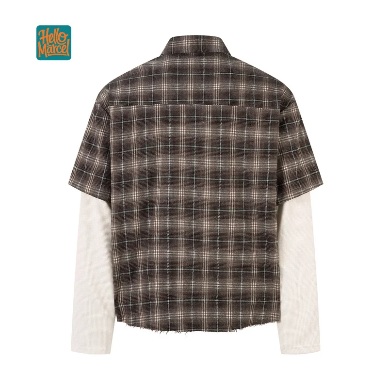 HELLOMARCEL EU US Size Luxury Quality Casual Shirt Street Wear Fashion Brand Fake Two-Piece Distressed Embroidered Plaid Shirt