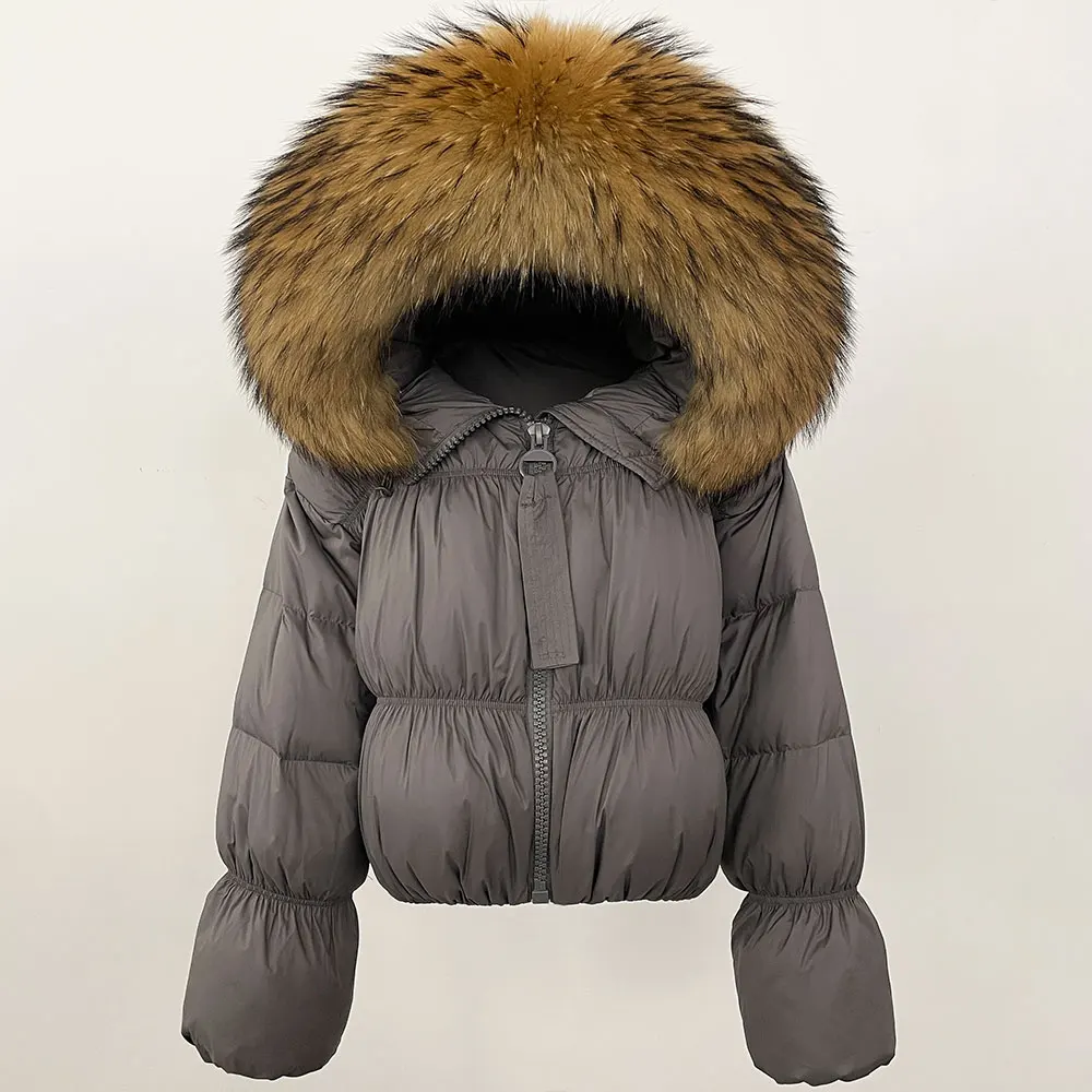 Real Fur Coat Hooded 2024 New Winter Puffer Jacket Women Real Raccoon Fur Collar White Duck Down Thickened Warm Belted