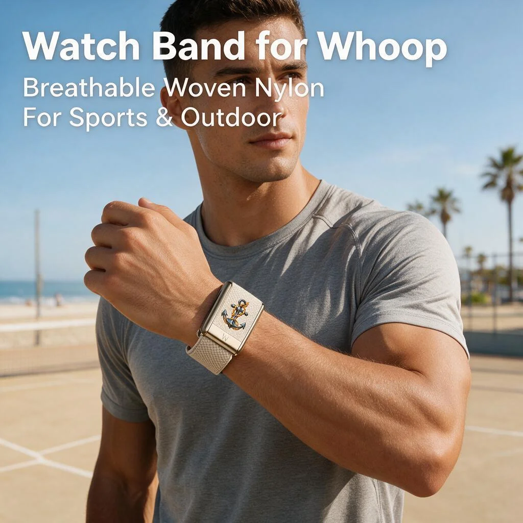 Compatible with WHOOP 5.0 MG Rope Wrapped Anchor Print Nylon Woven Elastic Replacement Wristband Metal Sport Strap