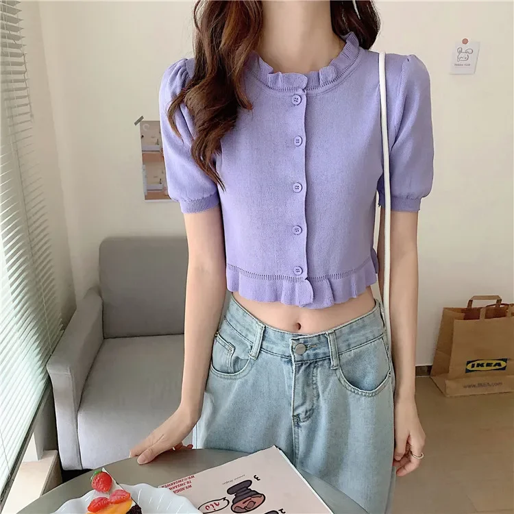 

Women Ruffles Collar Knitted Short Puff Sleeve Cropped Slim Sweaters Cardigans Lady Single-breasted Sweater Crop Tops Female