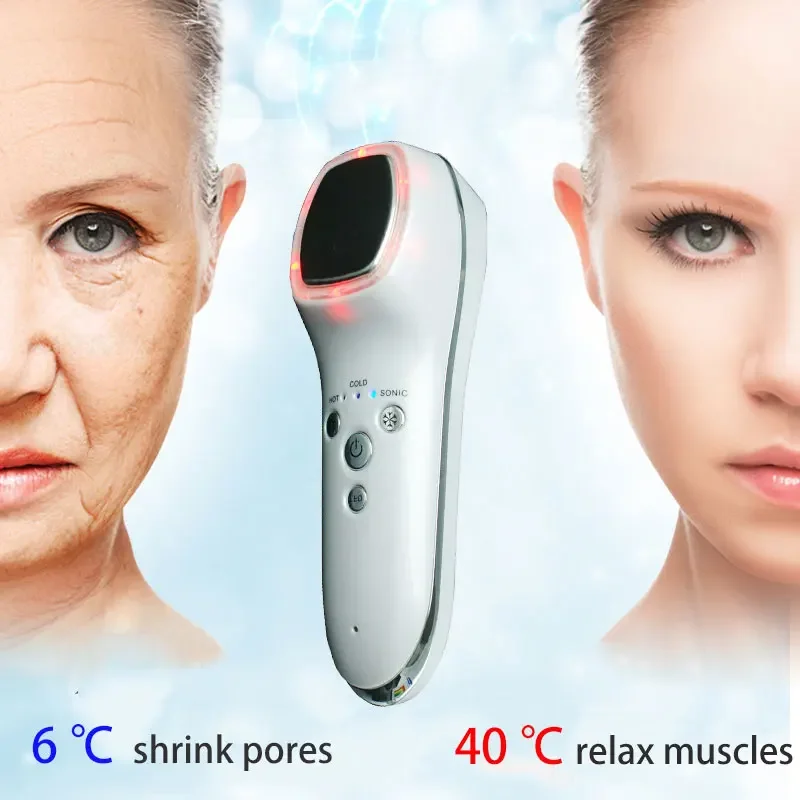 LED Hot Cold Face Skin Care Device Massager Hammer Ultrasonic Cryotherapy Facial Vibration Red Blue Light Ion Beauty Instrument