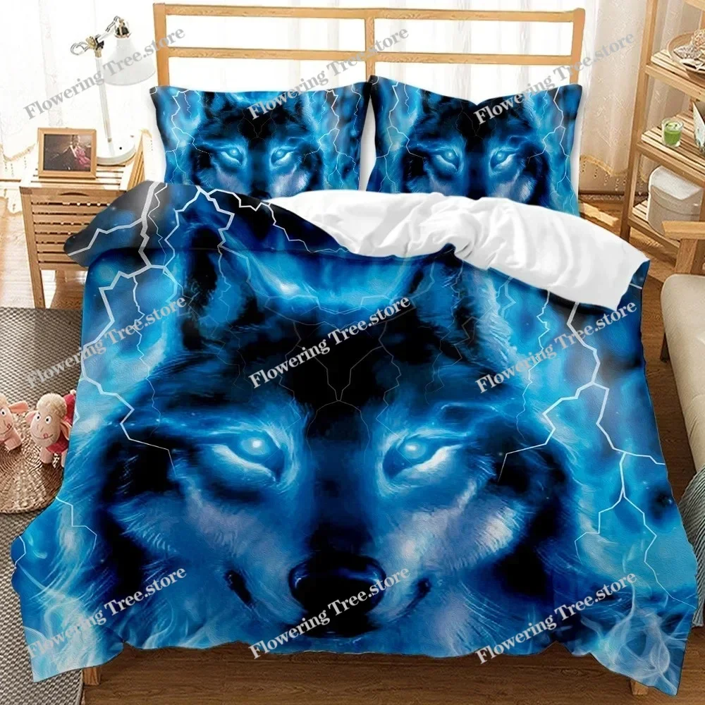 Wolf Duvet Cover Set Animal Pattern Bedding Set Cool Wildlife Comforter Cover Kids Glitter Blue Wild Wolf Polyester Qulit Cover