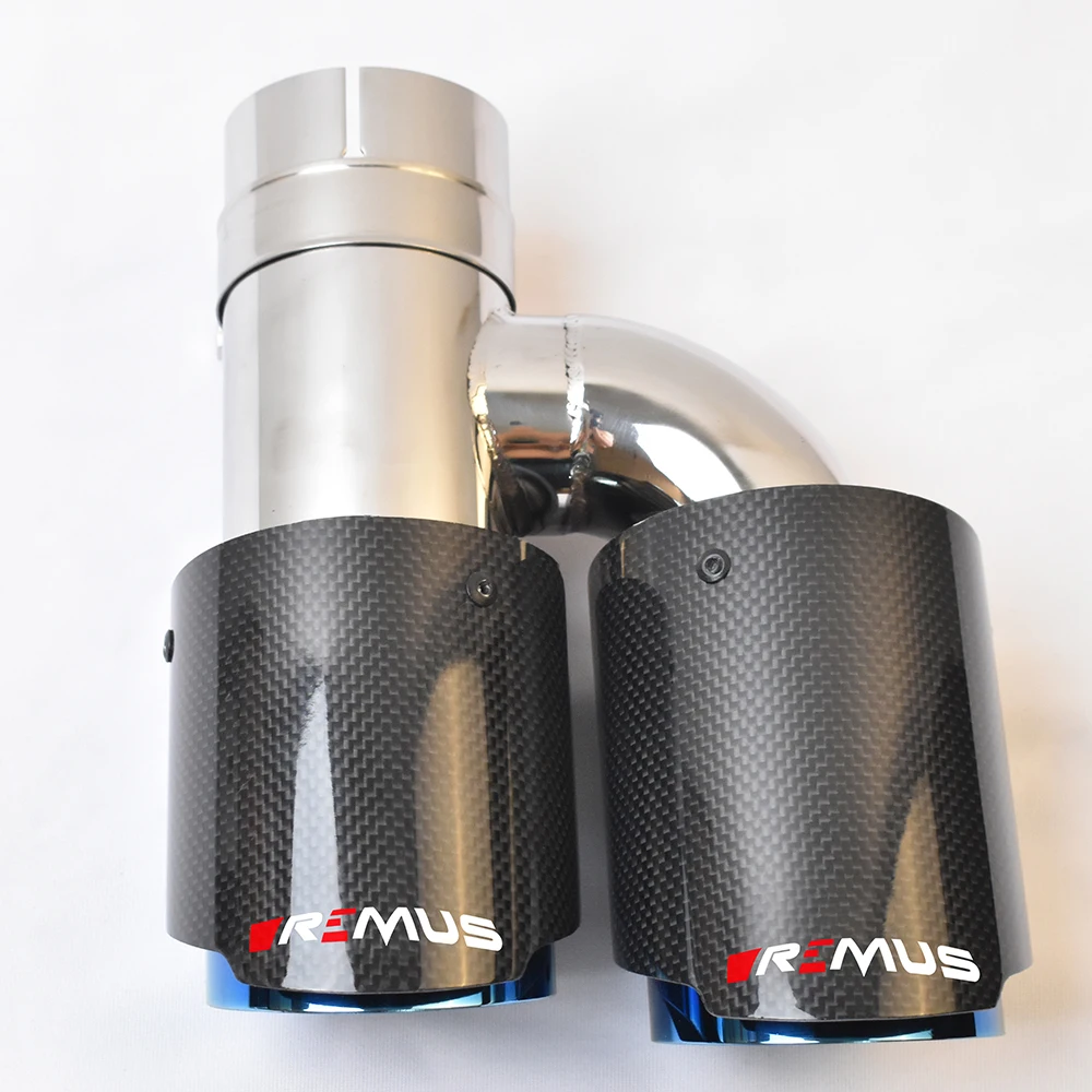 H Style Universal Dual  Glossy carbon fiber exhaust tip blue steel exhaust pipe muffler tip With VREMUS