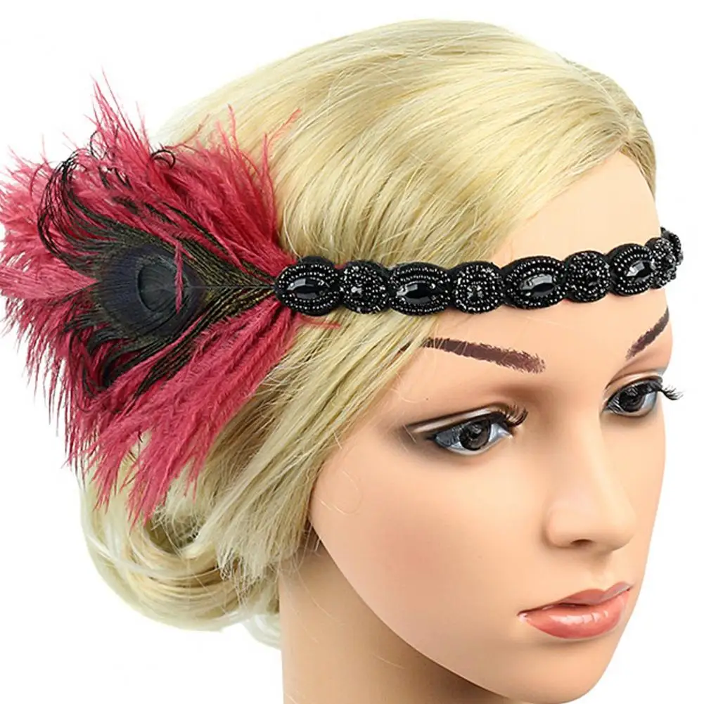 Secure Headband Vintage Gatsby Party Black Rhinestone Headband for Women 1920s Flapper Prom Hair Band with Feather Headpiece