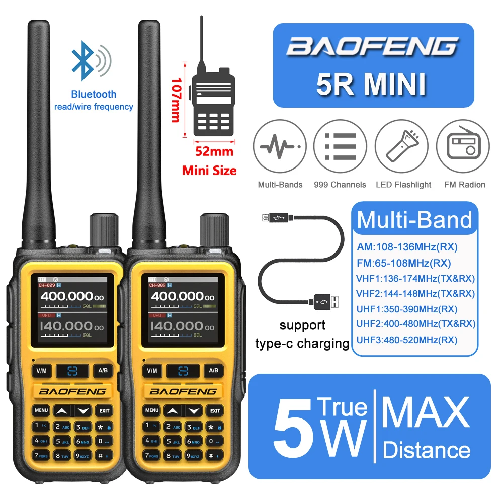 2PCS 5R MINI Baofeng Walkie Talkie Bluetooth Read/Write Frequency USB Charge Two Way Radio 999CH Multi Band 5Rmini Ham Radio