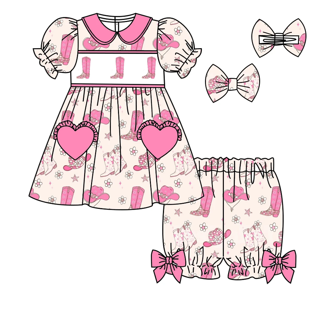 

Customized toddler girl clothes pink western elements short-sleeved shorts pajama set long-sleeved robe