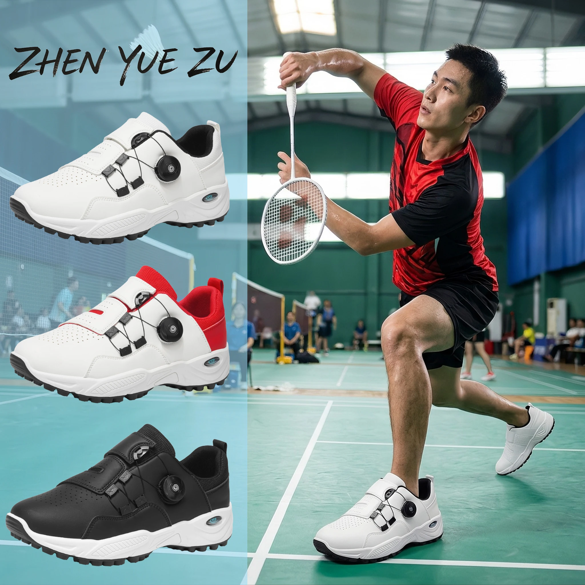 Professional Badminton Shoes with Rotary Lock Buckle, Breathable, Shock-Absorbing, Non-Slip, Comfortable Support for Court Swing Movements, Men's Casual Sports Shoes