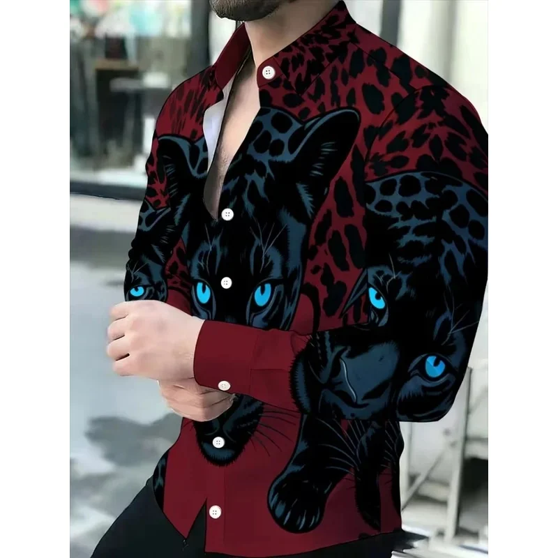 Men's long sleeved 3D shirt, blue eyed leopard print collar top, fashionable, trendy, personalized, comfortable, versatile shirt