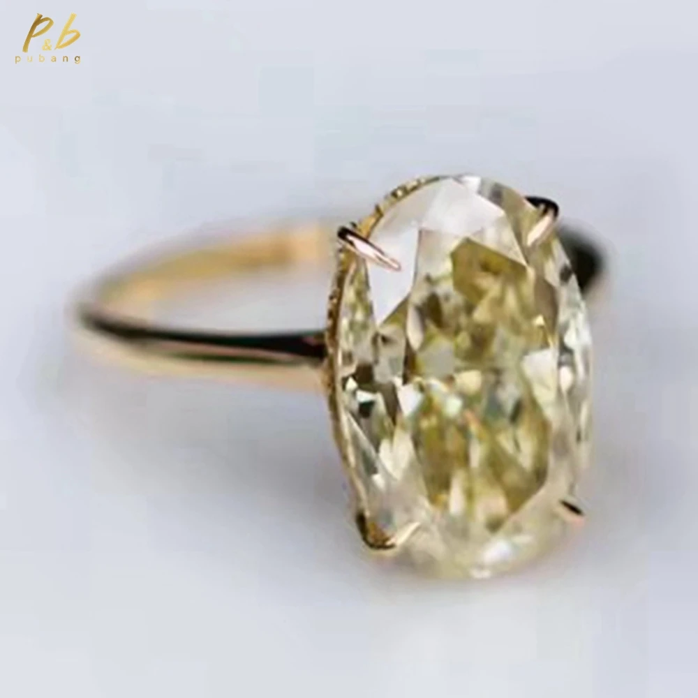 

PuBang Fancy Vivid Canary Moissanite Rings 8.3 Carat 14x10 MM Crushed Ice Hybrid Oval 18k Yellow Gold Jewelry For Woman Wedding