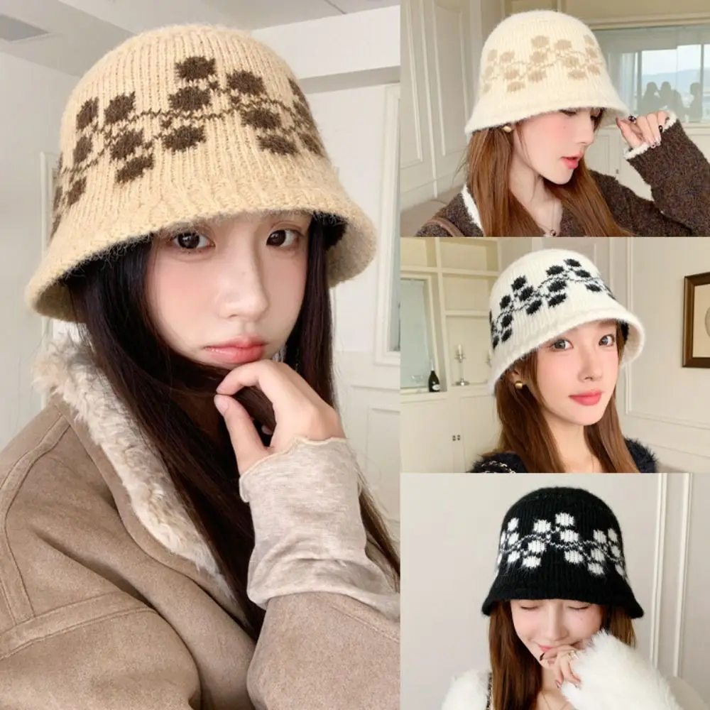 

Sweet Floral Knitted Bucket Hat Retro Handmade Jacquard Woolen Hat Ethnic Style Crochet Warm Fisherman Hat Autumn and Winter