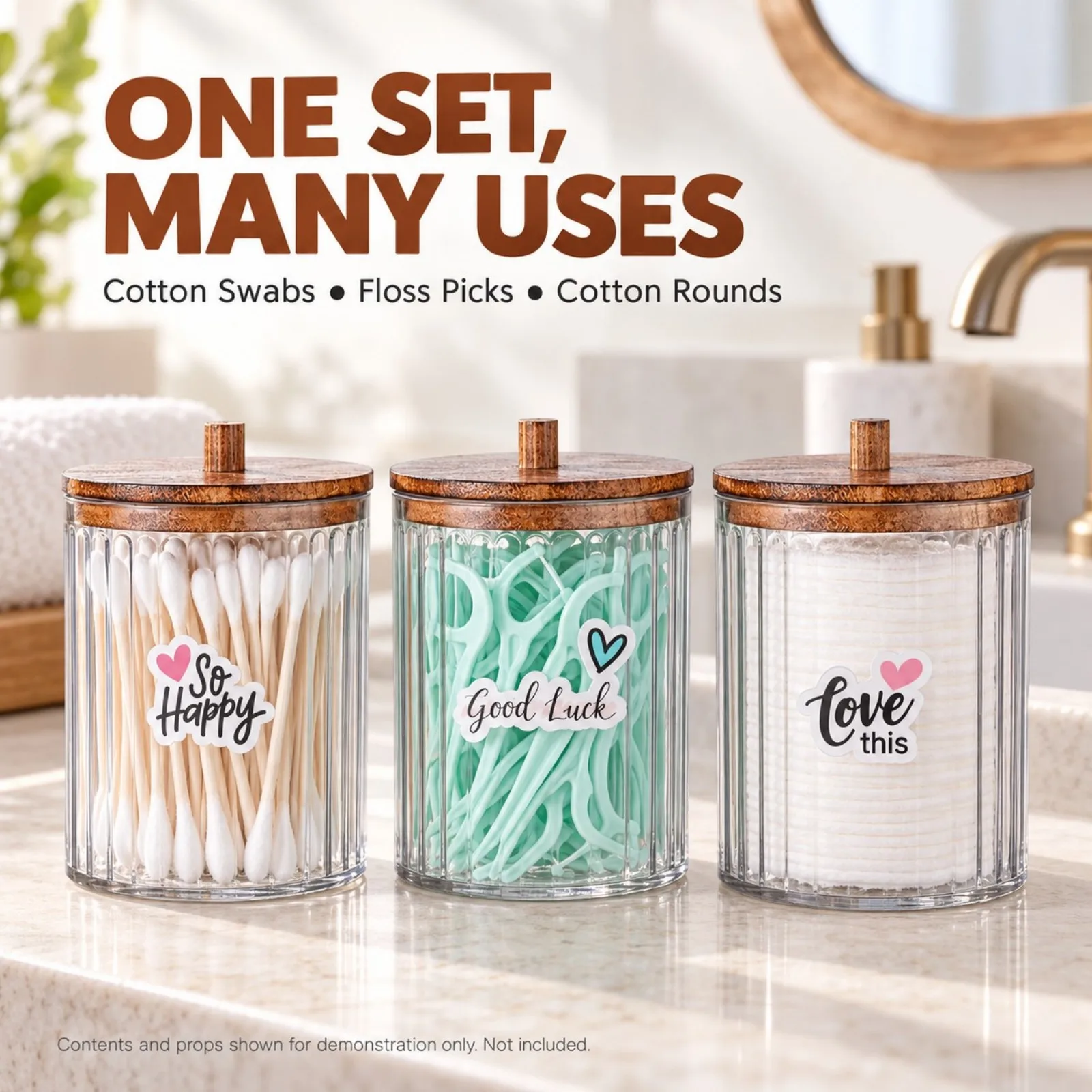 Clear Ribbed Bathroom Organizer Jars with DIY Stickers, 3-Piece Plastic Vanity Containers for Cotton Pads and Small Essentials - view 6