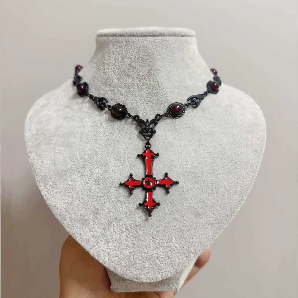 Victoria Dark Vampire Bat Blood-red Glazed Cross-shaped Pendant Necklace Bracelets for Women Halloween Party Charm Jewelry Gift