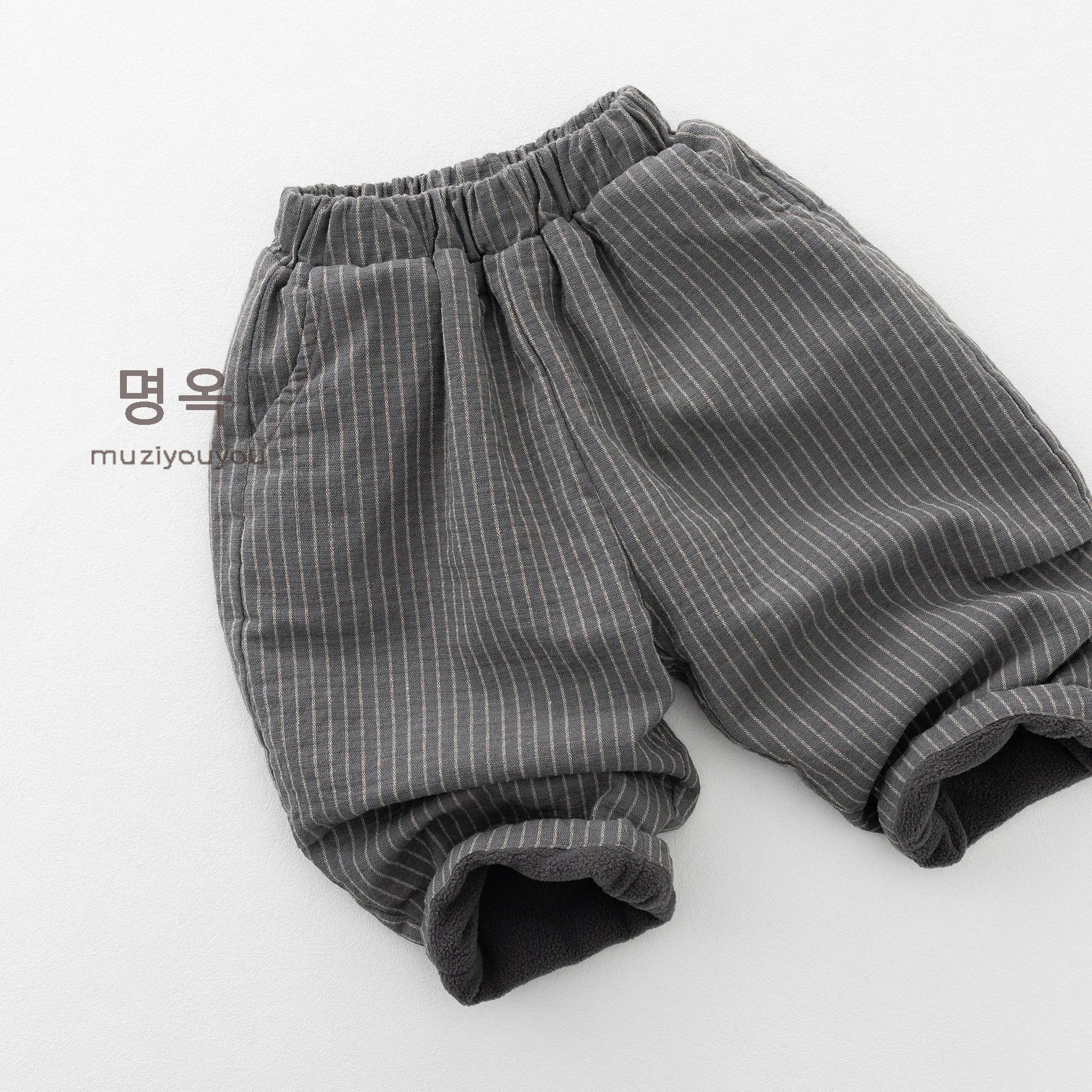 Korean Children's Vertical Striped Fluffy Pants 2026 Loose Lantern Pants Boys and Girls Warm Children Pants Autumn and Winter