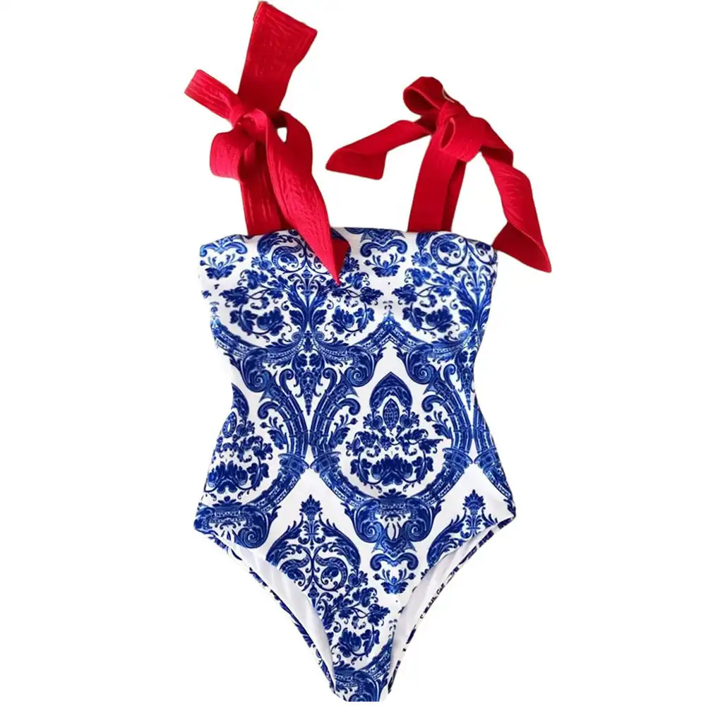 Stylish White And Blue Patterned Printed One-piece Swimsuit Paired With A Red Strap Bikini 2023 Ladies Feature Design