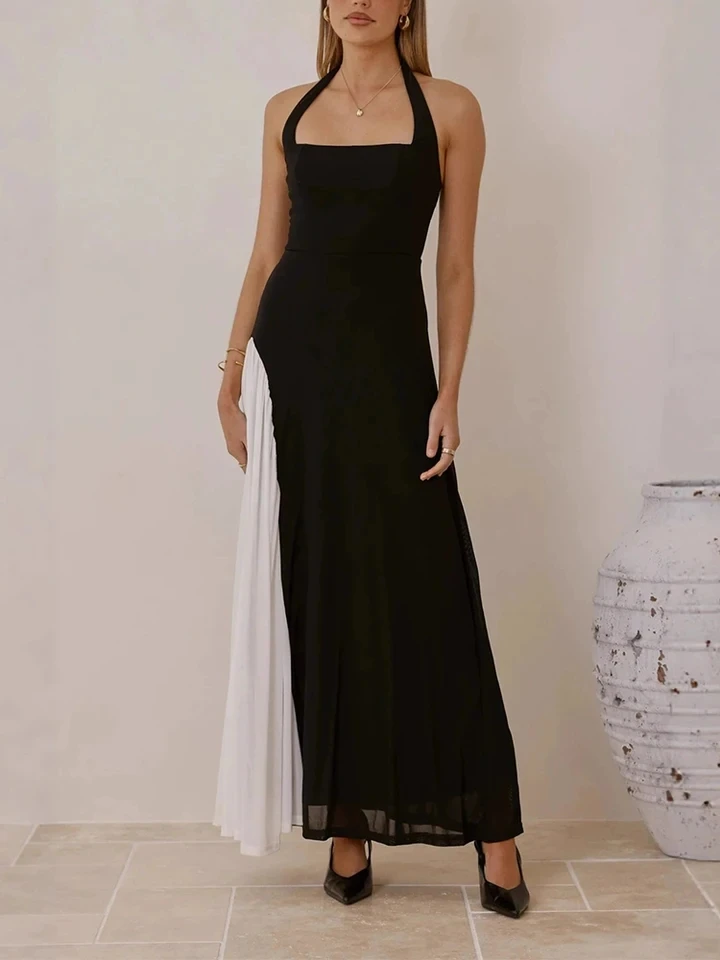 

Elegant Lady Backless Pleat Maxi Dress Trendy Color Blocked Sleeveless Halter Dress Summer New High Waist Hollow Out Party Dress