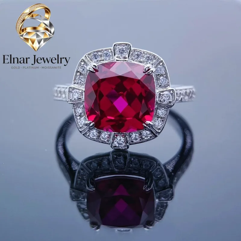 

Elnar Jewelry 3.5Ct Cushion Cut Created Ruby Halo Ring for Her Solid 925 Sterling Silver Jewelry Wedding Ring 235
