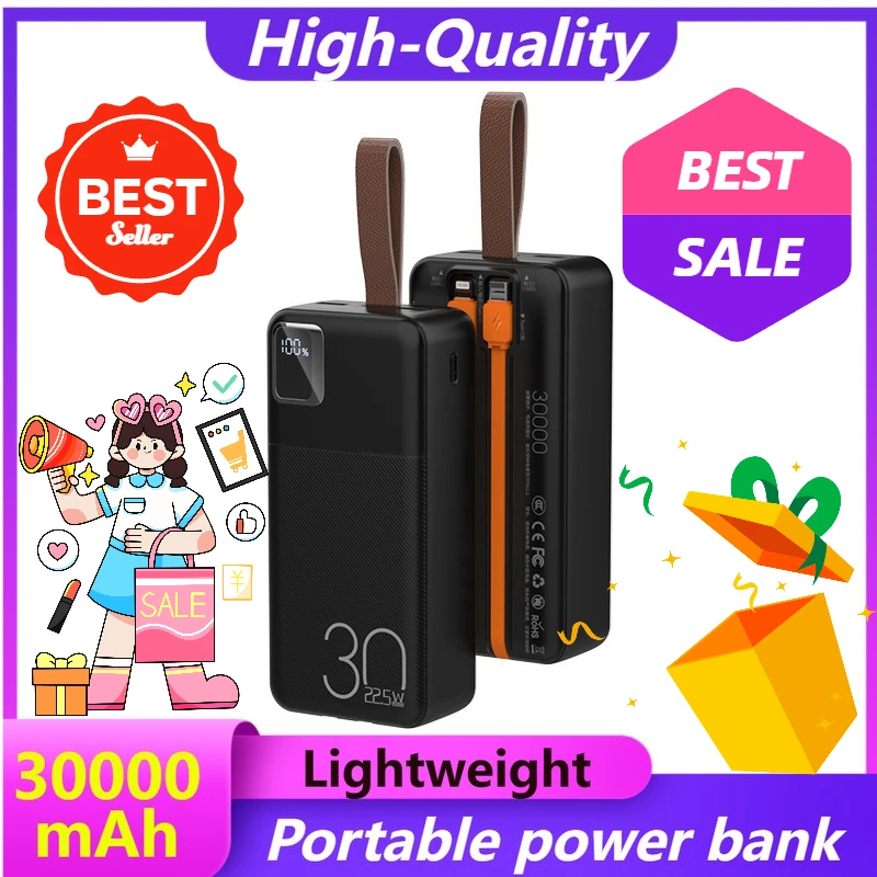 

22.5W 30000mAh Portable Charger with Built-in Cable Lanyard Digital Display Ultra-large Capacity Fast Charging Power Bank