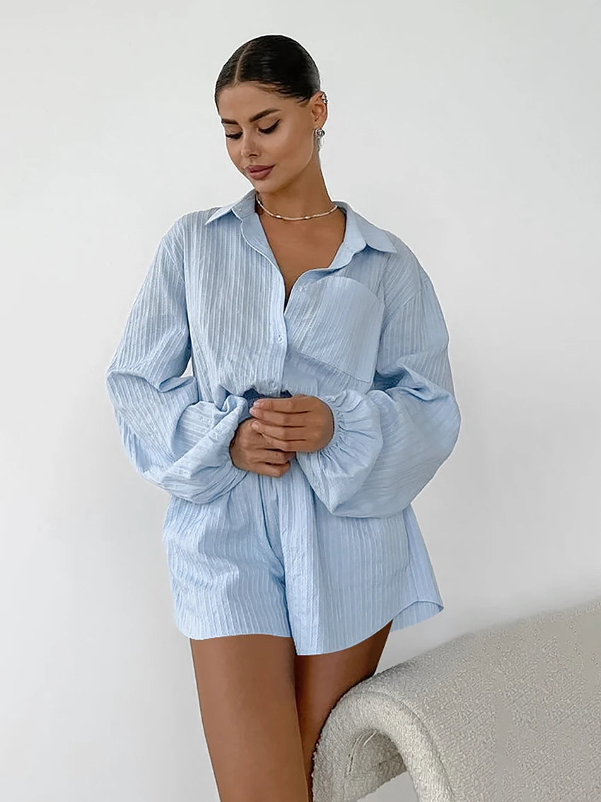 

Marthaqiqi Cotton Women Sleepwear 2 Piece Suit Long Sleeve Nightwear Turn-Down Collar Pajamas Shorts Causal Ladies Nightgown Set