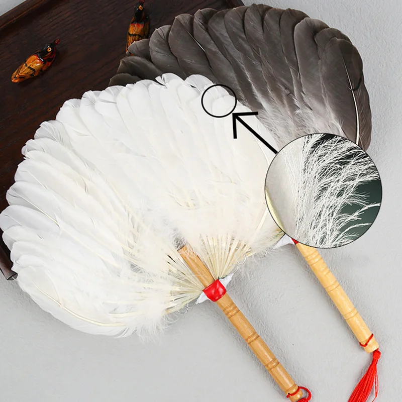 1Pc Vintage Goose Feather Fan Round Long Feather Hand Fan with Tassel Chinese Style Bone Bamboo Fan Home Decoration Craft