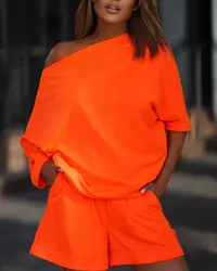 Women Casual Pocket Detail Shorts Set Women 2pcs Clothes T Shirt Tee Daily Suit Loose Fashion Casual Summer Spring Pullover Top
