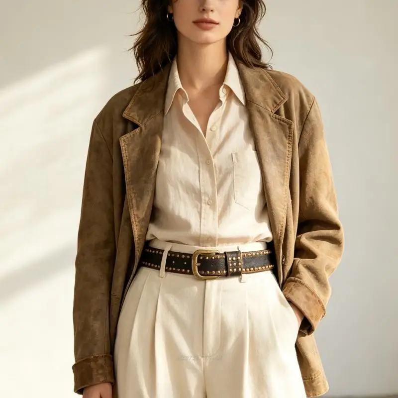 X5XA Adjustable Fashion Belt with Faux Leather Look Strap, Metal Accent Trim, and Pin Closure for Casual Pants, Jeans, Skirts,