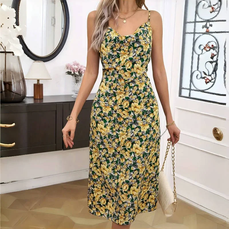 Women Dress Sleeveless Flower Print Holiday Beach Sling Dresses Summer Ladies Sexy Midi Dress Elegantes Vestidos