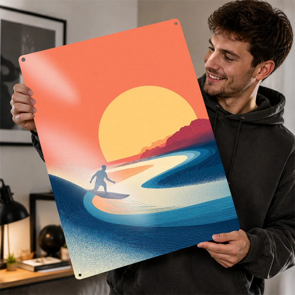 Surfer Riding A Wave At Sunset Printed Poster Personalized Aluminum Metal Sign Bold Dynamic Sports Scene Wall Art For Bedrooms