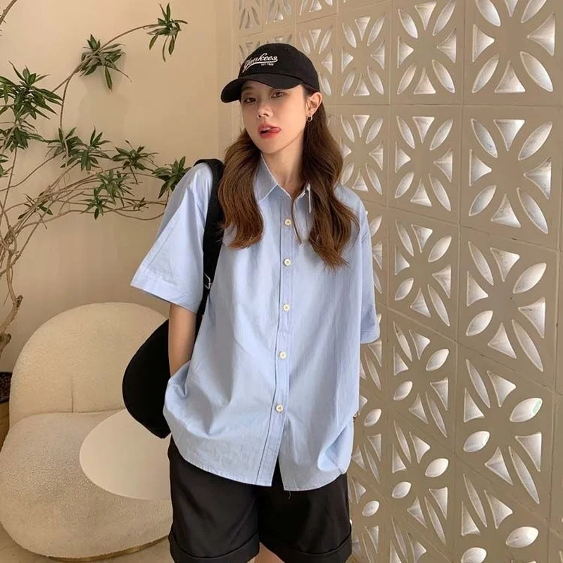 Short Sleeve Shirts Women Solid Cool Unisex College Рубашки Korean Style All-match Basic Mujer De Moda Prevalent Stylish Ins New