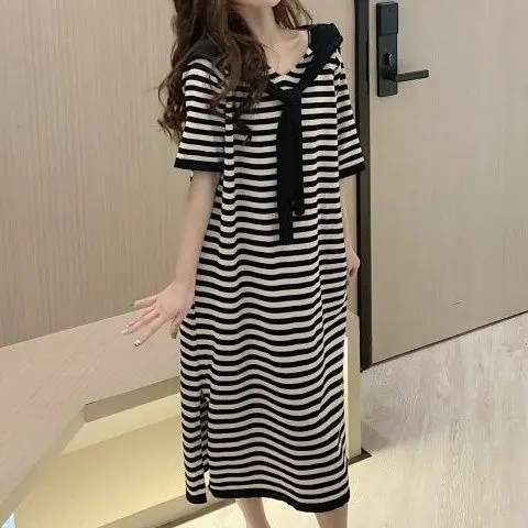 Sommer lose und dünne beiläufige gestreifte schal kleid frauen vintage kleid gestreift LOSE Gerade vestido feminino