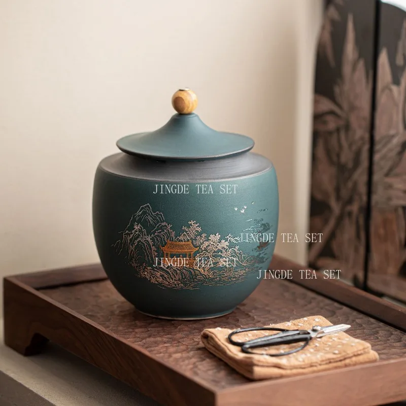 Zisha Tea Canister Gold & Silver Painted Bamboo Pattern Airtight Yixing Clay Tea Storage Jar with Wooden Bead Knob for Loose Tea