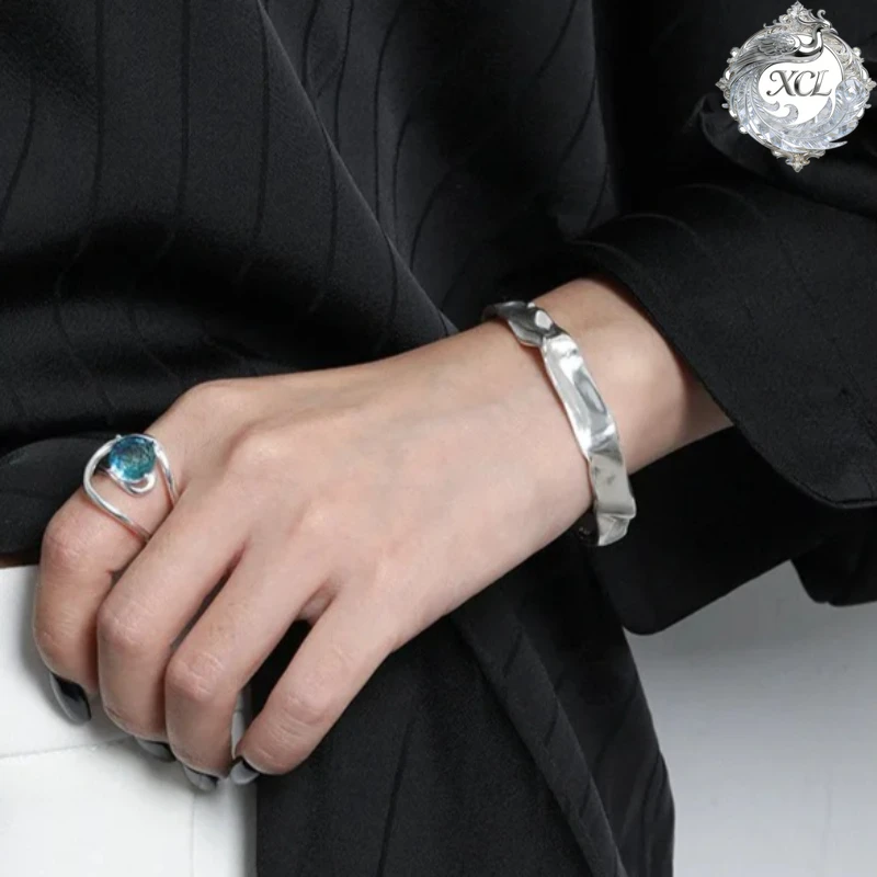 

XCL 100% S925 Sterling Silver Cuff Bangle INS Niche Dark Style Irregular Uneven Surface Fashion Jewelry for Women