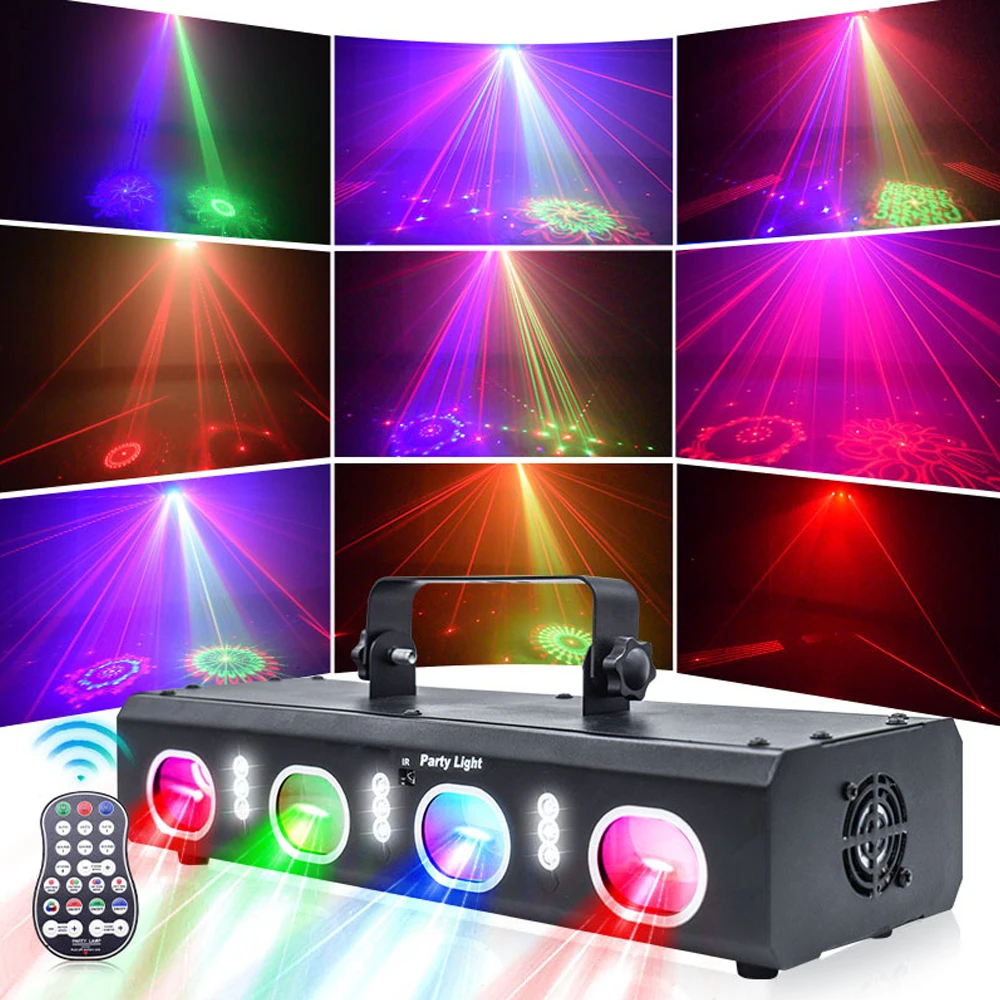 15W Party-Lichter, 3D RGB, 4 Linsen, 9 LED-Laserlicht, DJ-Disco-Lichteffekte, Fernbedienung, DMX-Steuerung, Blitz-Stroboskop-Lichter, Bühnenbeleuchtung, Heimdekoration, Ambiente-Lichter