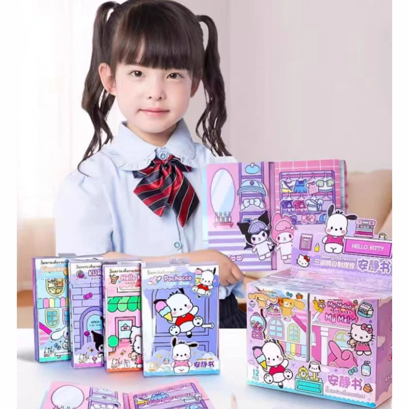 Hello Kitty Kuromi Cinnamonroll Melody Kids Cartoon Sticker Book No-Cut Girl Handmade Diy Quiet Book Toy Children Birthday Gifts