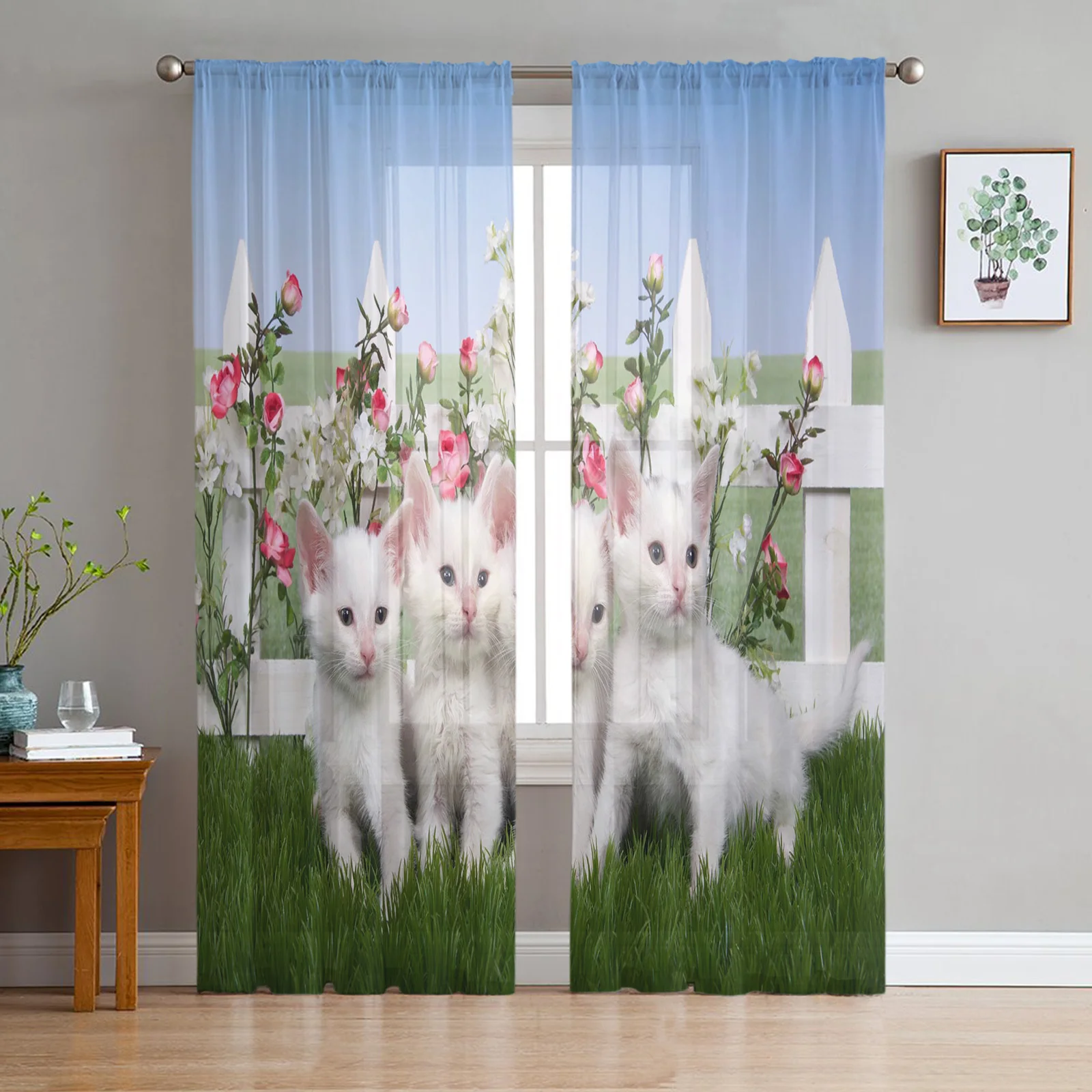 Animal Cat Meadow Fence Rose Flower Chiffon Sheer Curtains for Living Room Bedroom Home Decor Window Voile Tulle Curtain Drapes