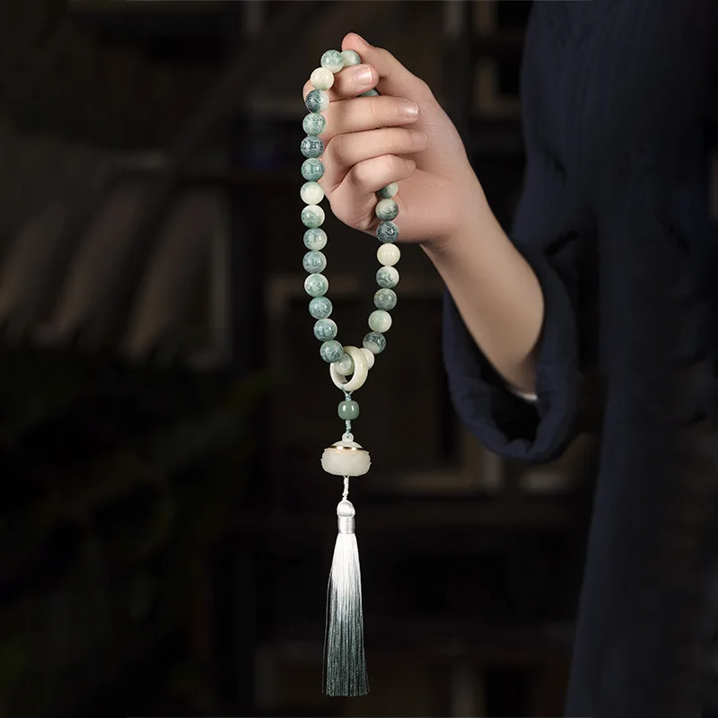 

White Jade Bodhi Root Six Words Mantra Beads Bracelet Nationa Green Gradient Tassel Perfume Bag Flexible Ring Handheld Prayer