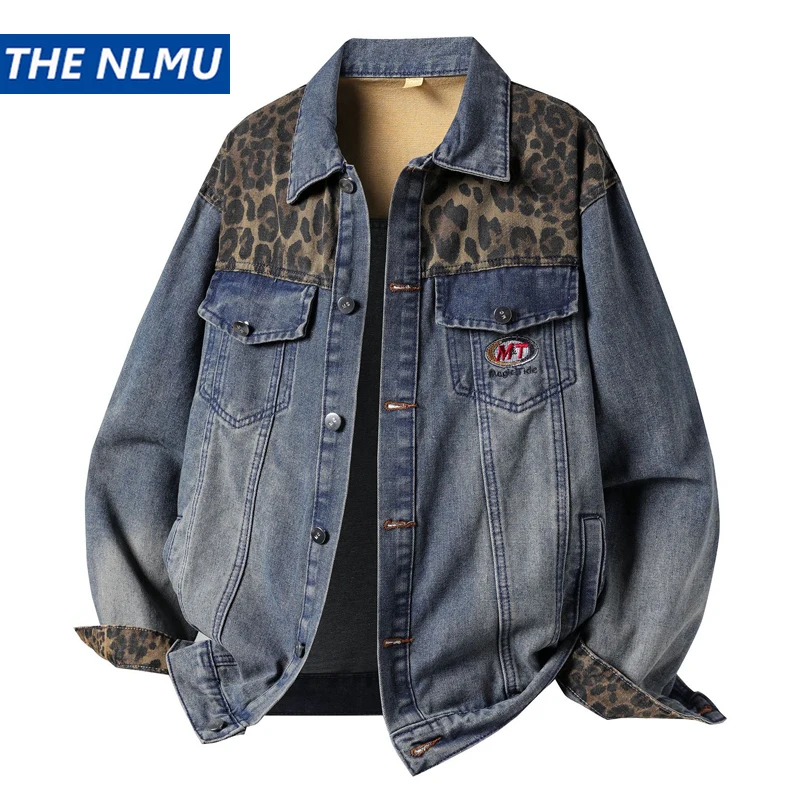 Men Vintage Leopard Patchwork Denim Jacket Harajuku Hip Hop Streetwear Jeans Jacket Retro Jackets Outwear for Male Unisex