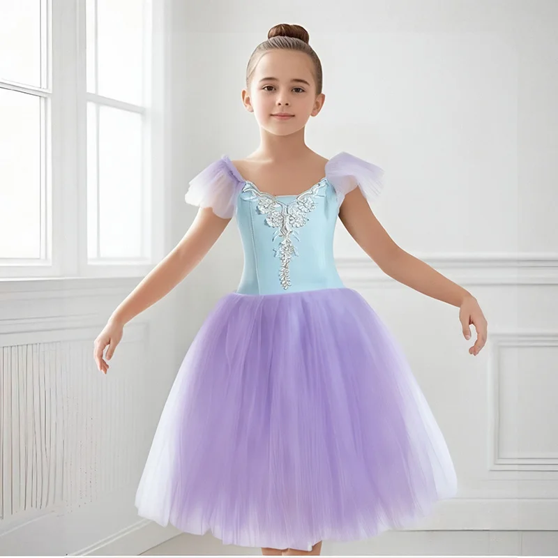 

Детский лиловый балетный костюм-пачка для профессиональных выступлений, классический балетный сценический костюм-пачка для балерины