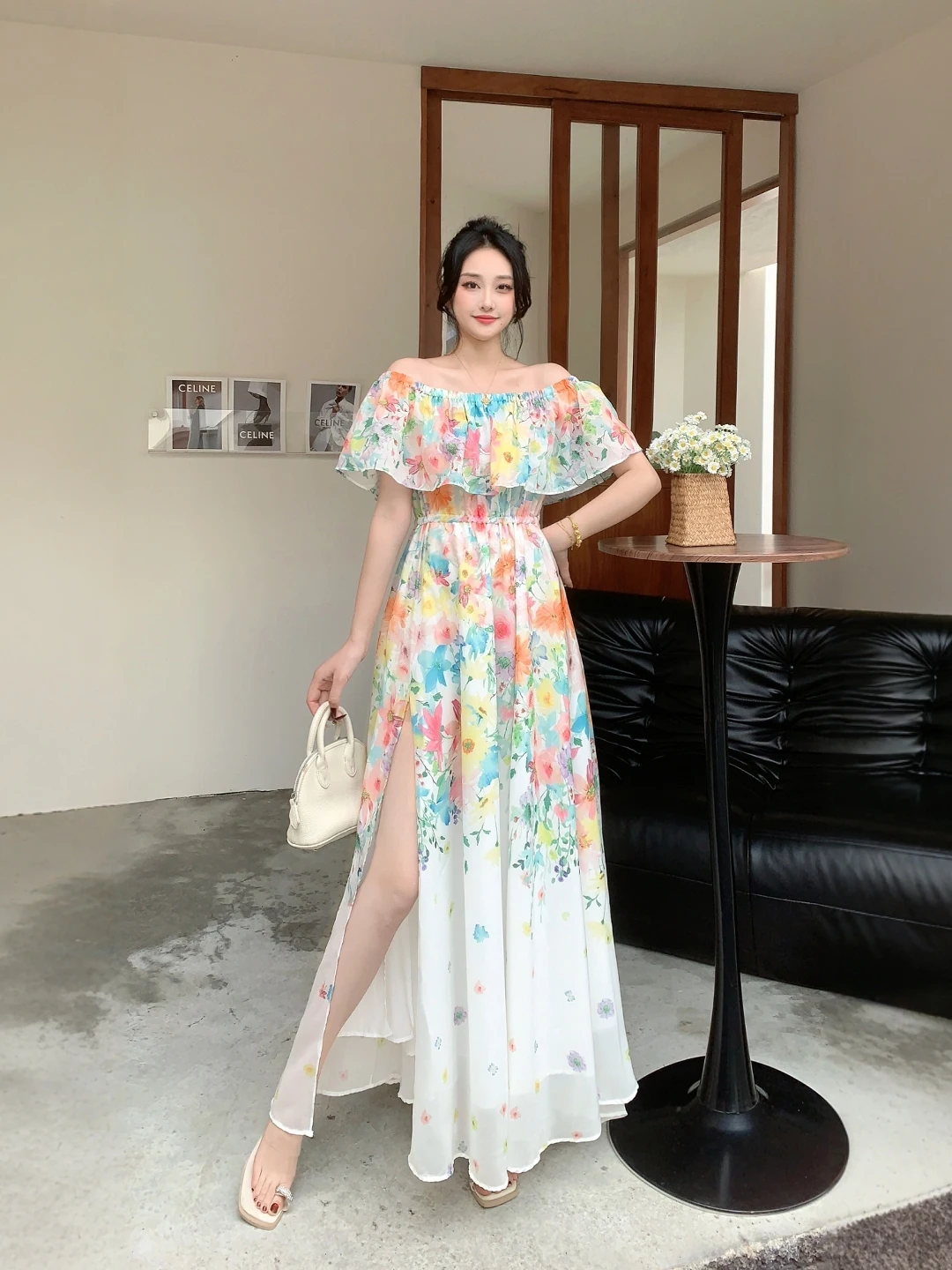 Vestido Largo Estampado Floral para Mujer Estilo Vacaciones en la Playa, Cuello Halter, Cintura Fruncida, Abertura Lateral, G...