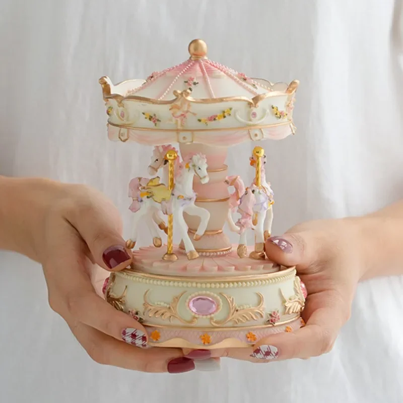 Carousel Music Box Colorful lights Musical Box Resin Children's Gift Birthday Gift Home Decoration love Daughter Bedroom Sky go